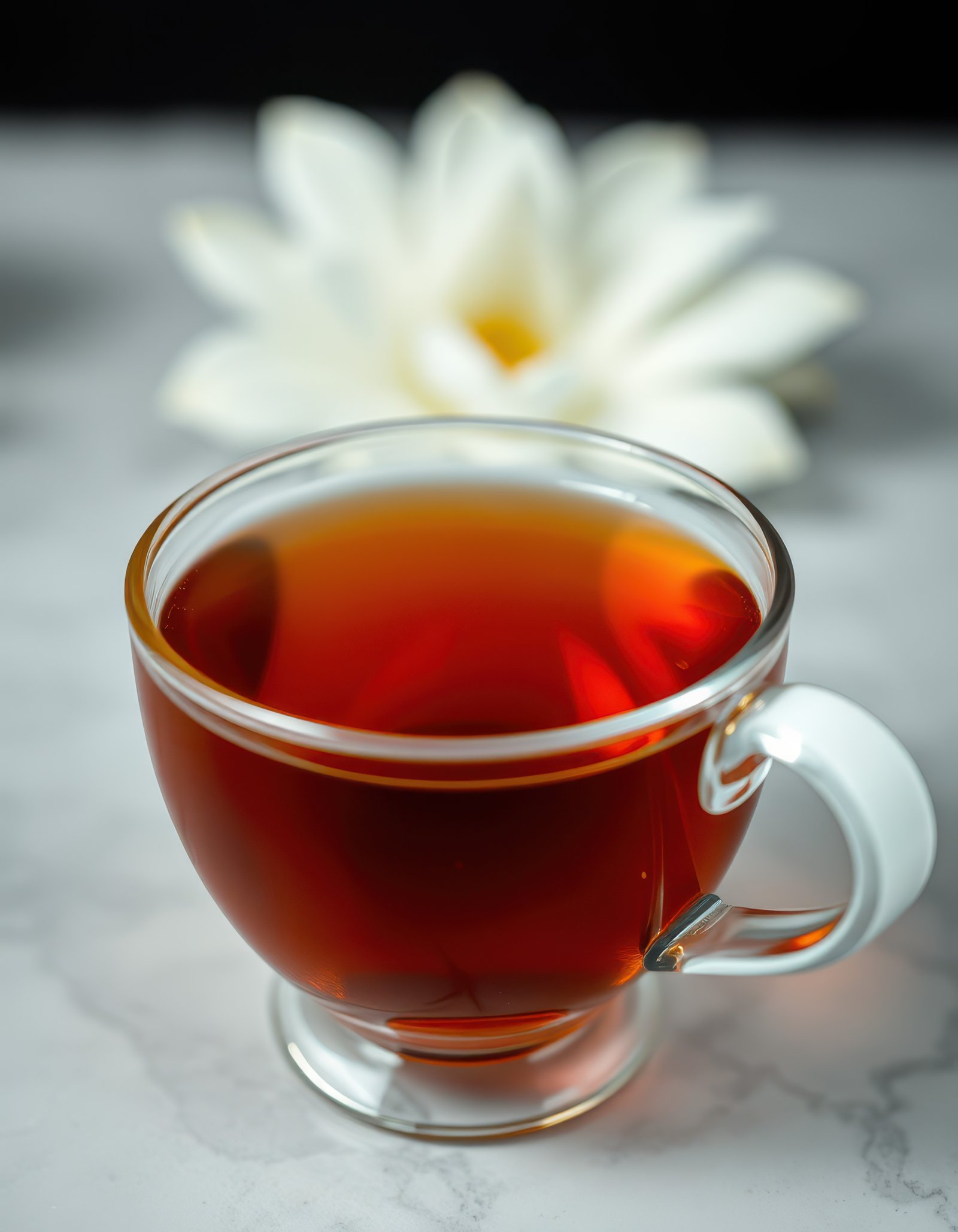 Enjoying a warm cup of herbal tea beside a blooming white flower in a serene setting